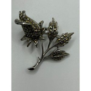 Silver Marcasite Rose Bud Brooch Pin Lisner 1.5 Inch Vintage